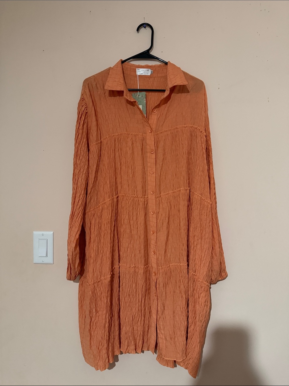 NWT Button-Front Crinkle Long Shirt Dress in Coral Orange